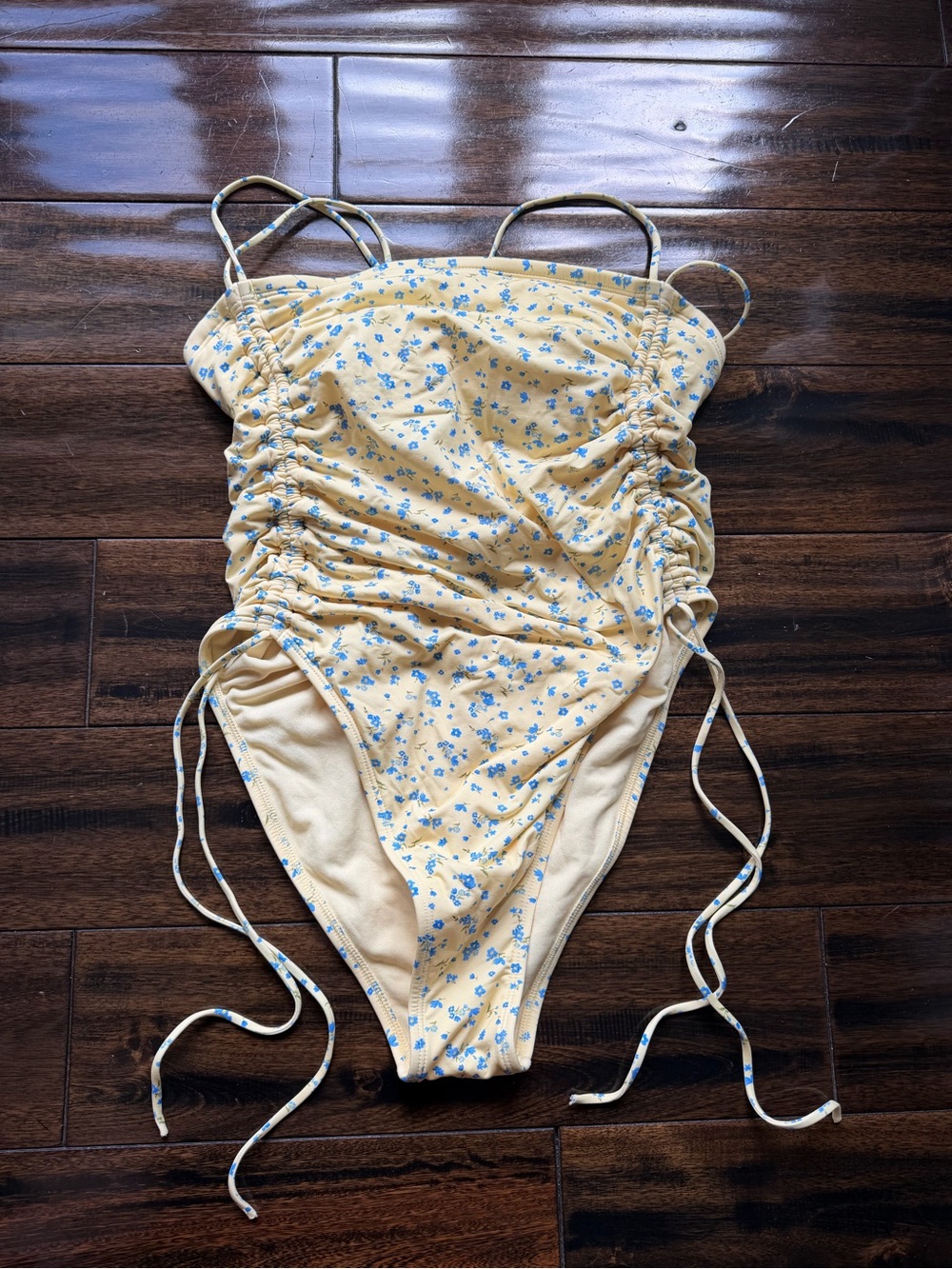 Wild Fable Yellow with Blue Floral Ruched One-Piece Swimsuit